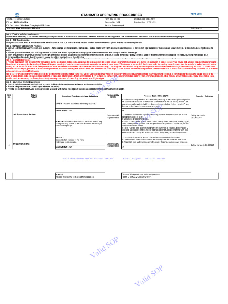 SOP for Wire Rope Changing in EOT Crane | PDF | Crane (Machine ...