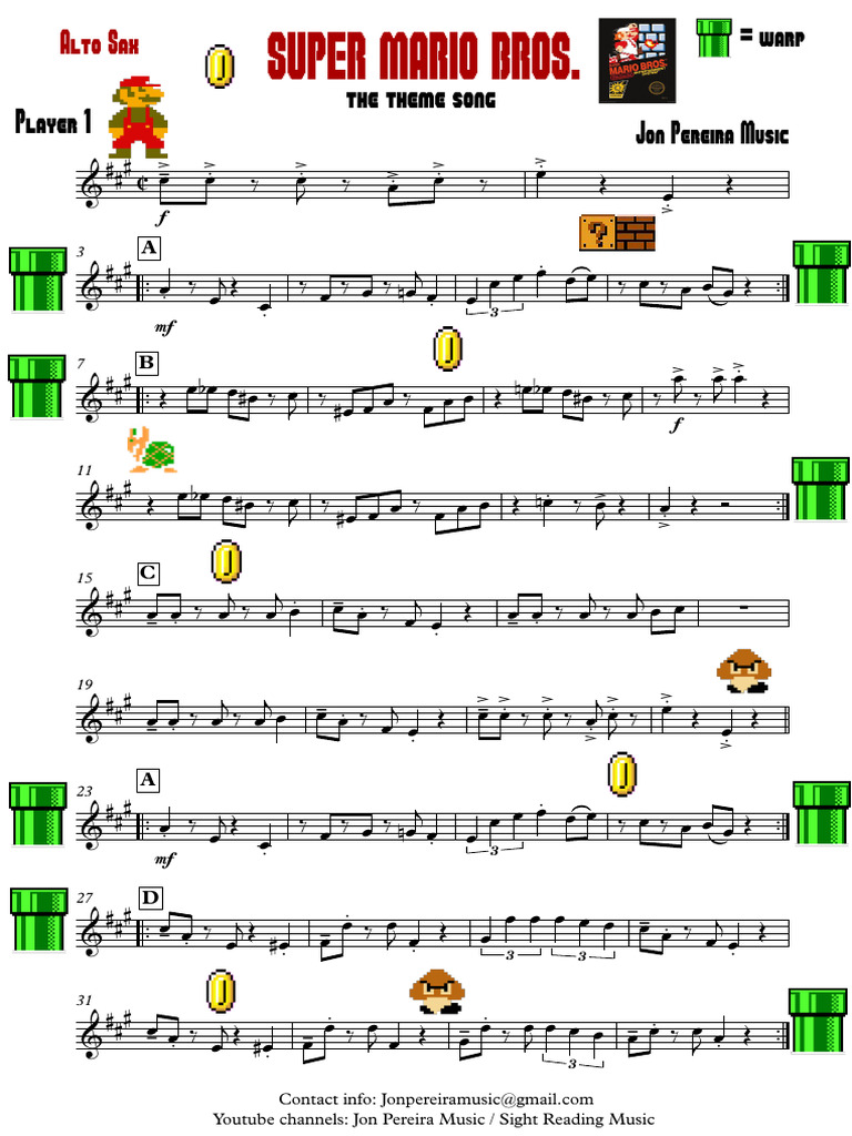 Super Mario Bros Theme Song - Player 1 - Alto Sax | PDF | Nintendo ...