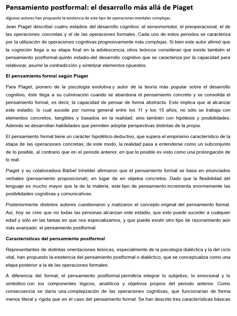 Pensamiento Postformal | PDF | Pensamiento | Desarrollo cognitivo