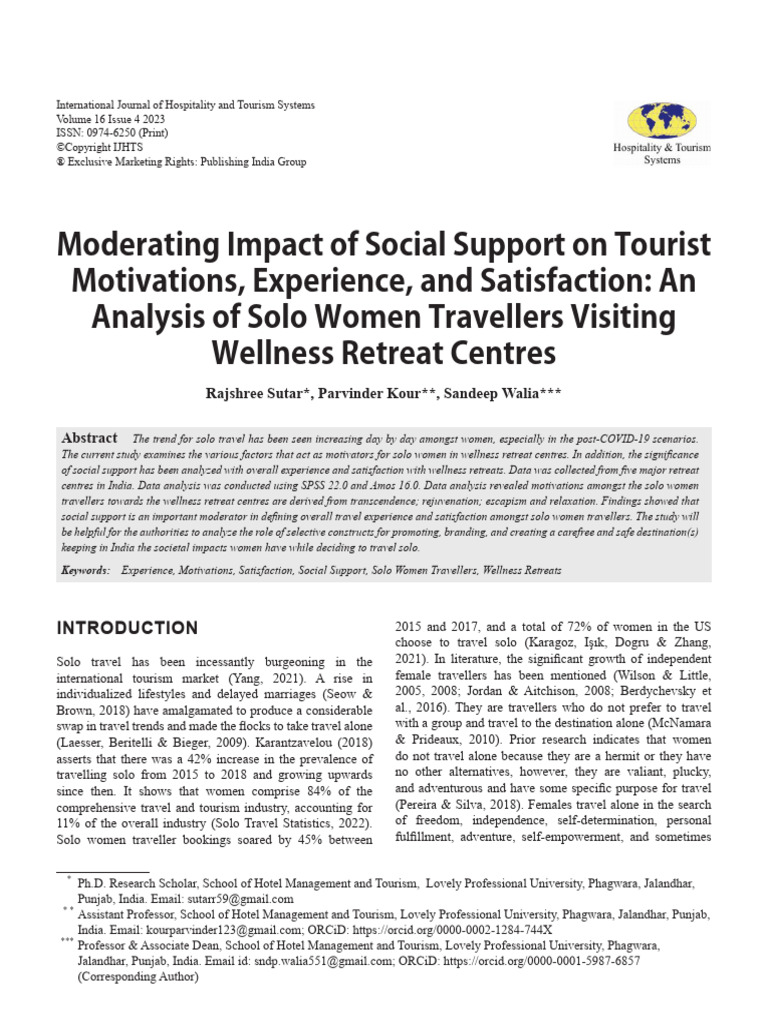 Moderating Impact of Social Support On Tourist Motivations, Experience ...