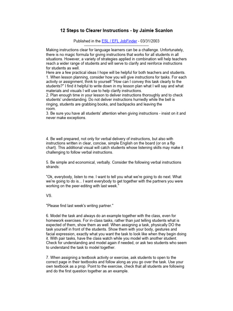 12 Steps for Clearer ESL Instructions | PDF | English As A Second Or ...