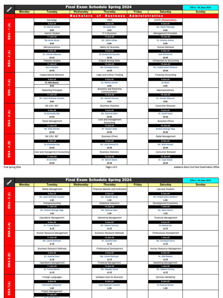 Final Exam Schedule Spring 2024 | PDF | Business | Economies