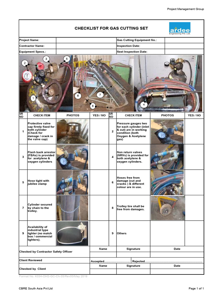 Checklist for Gas Cutting Set PDF Gas Technologies Gases