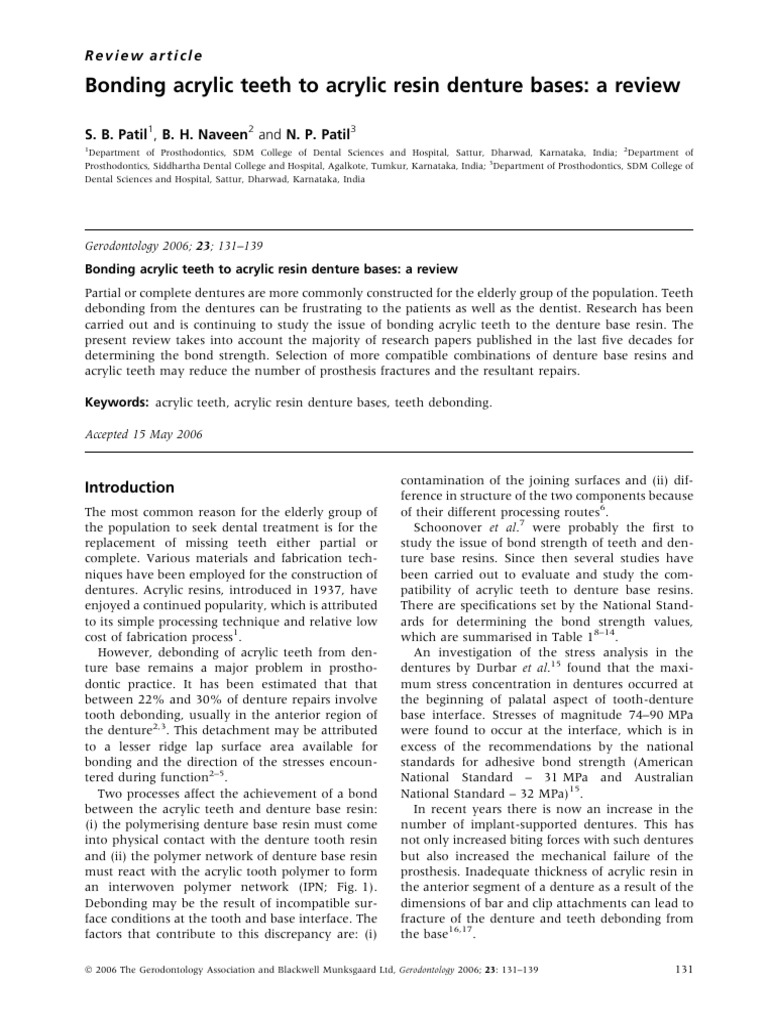 Bonding acrylic teeth to acrylic resin denture bases PDF Dentures Adhesive