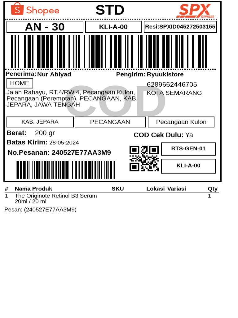 Resi Pengiriman Produk Kecantikan COD | PDF