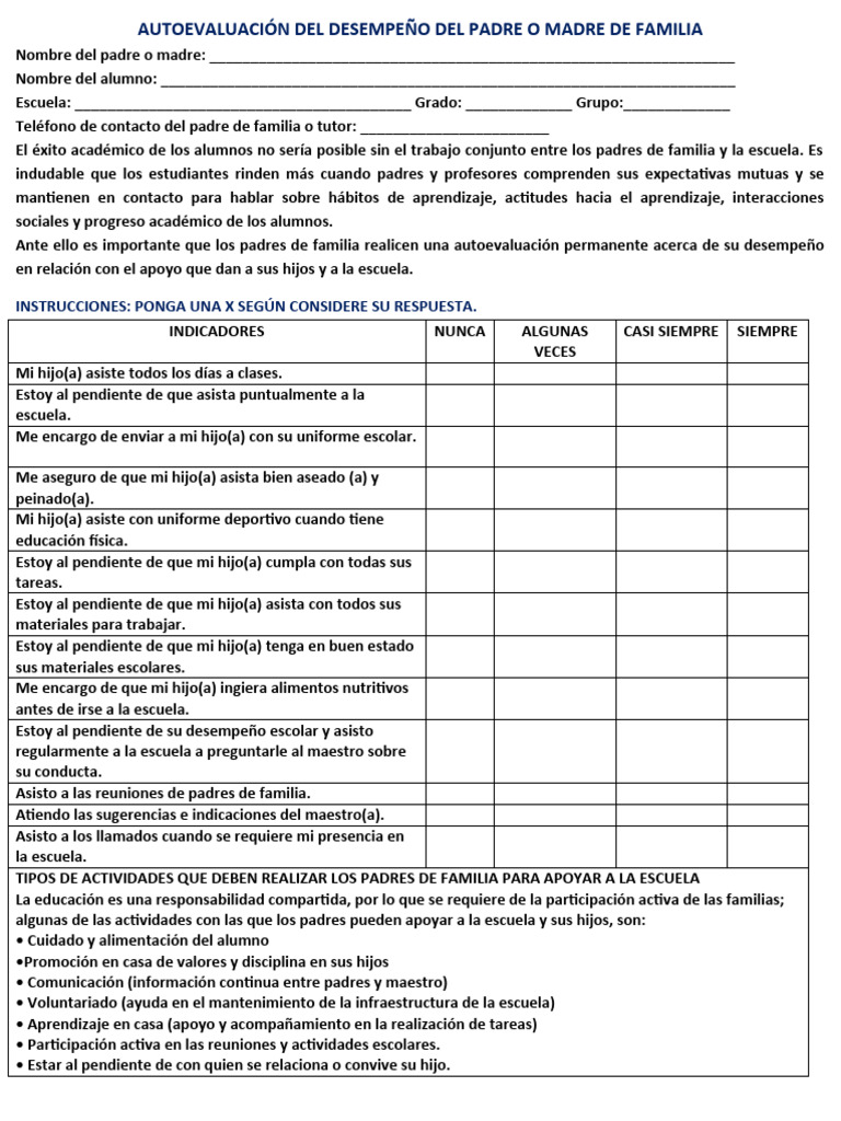 Autoevaluación del Desempeño Parental | PDF | Escuelas | Aprendizaje