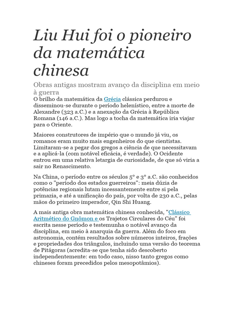 Liu Hui Foi o Pioneiro Da Matemática Chinesa | PDF | Matemática ...