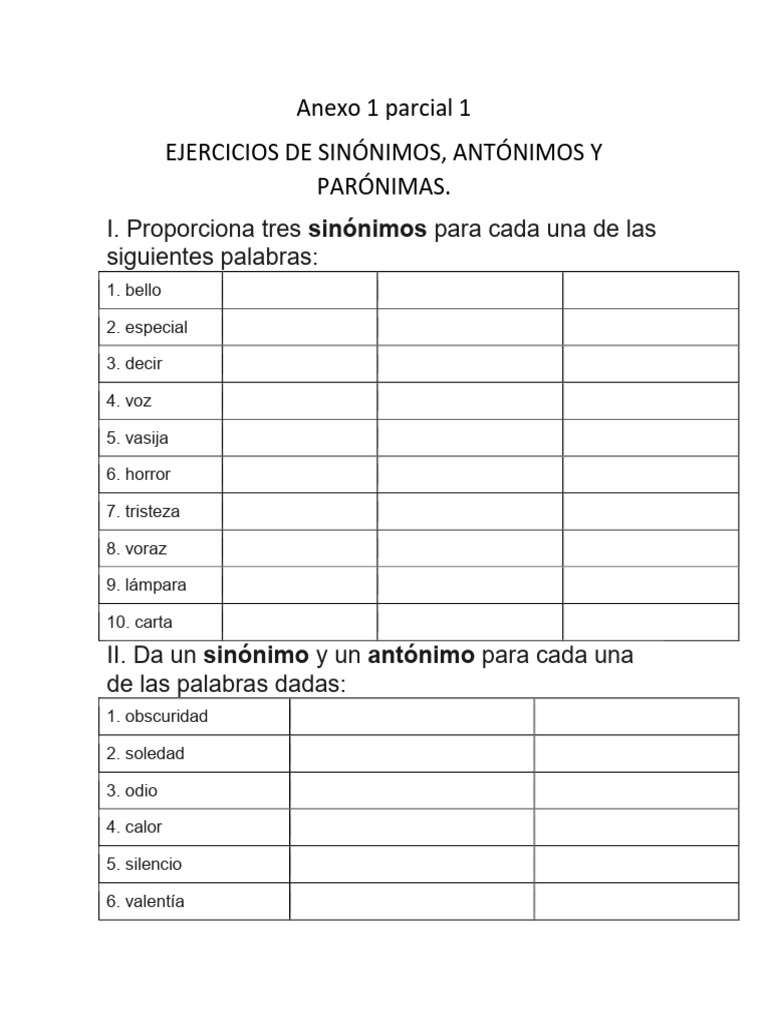 Ejercicios de Sinónimos, Antónimos ,Parónimas, Homónimas | PDF