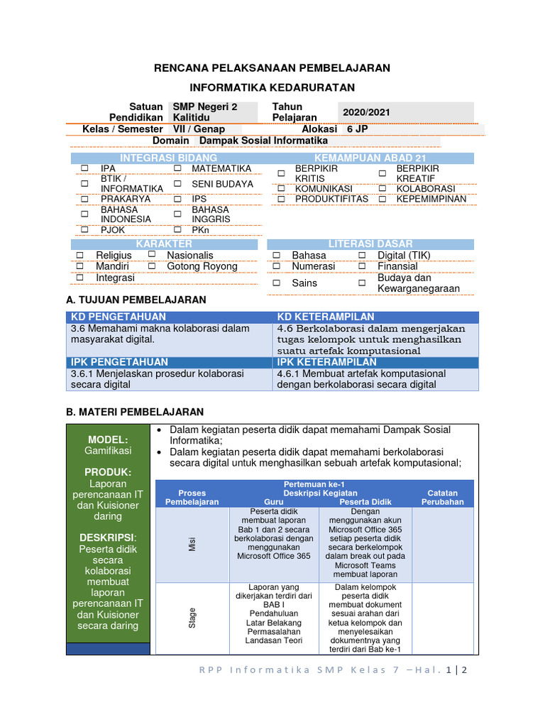 RPP Informatika Kelas 7: Dampak Sosial | PDF | Komputer