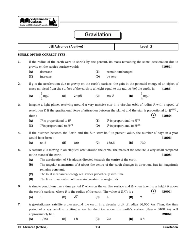 JEE Advanced Gravitation Questions Archive | PDF