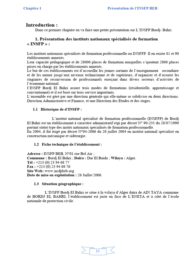 Présentation de l'INSFP Bordj El Bahri | PDF | Apprentissage | Alger