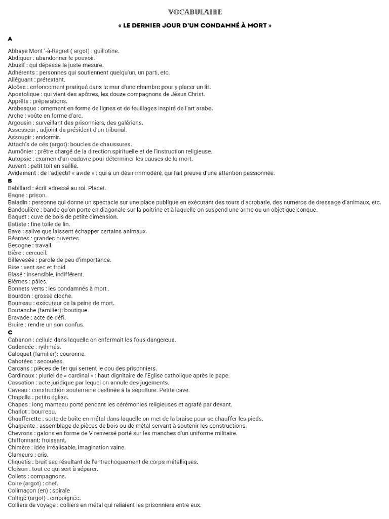 Vocabulaire du dernier jour d un condamn pdf