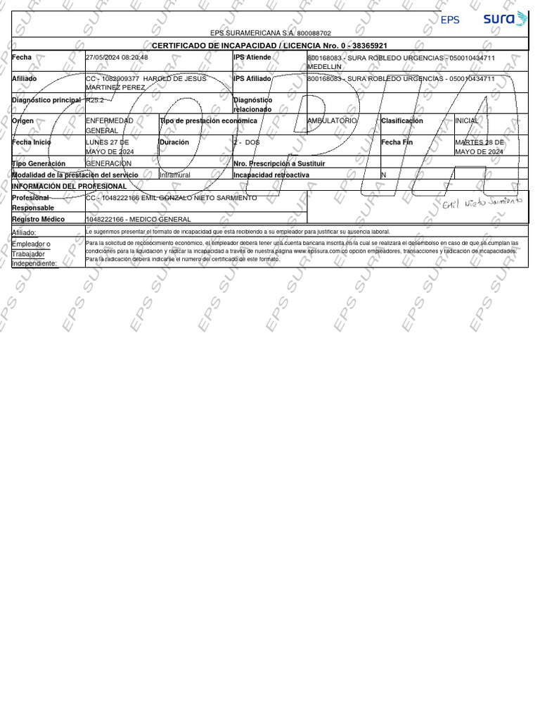 Certificado de Incapacidad EPS SURA | PDF