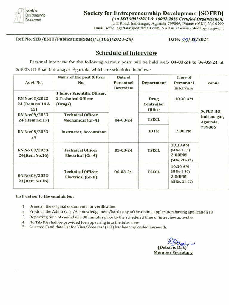 SoFED Interview Schedule for 2024 | PDF