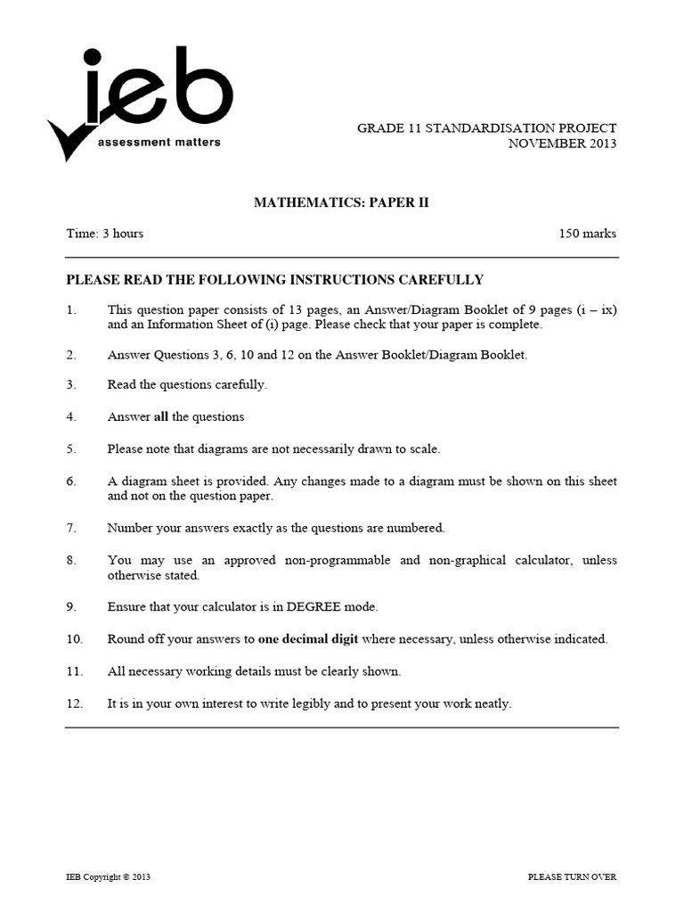 Grade 11 Maths Standardisation Project Paper 2 2013 | PDF | Elementary ...
