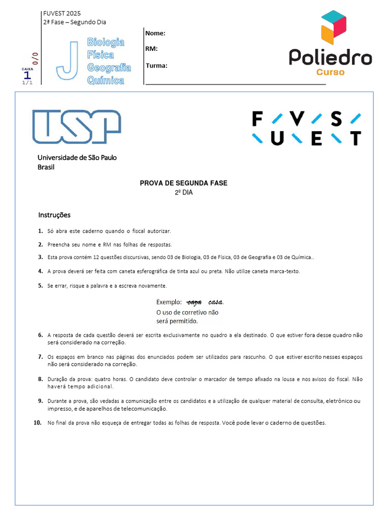 Prova FUVEST 2025: 2ª Fase - Dia 2 | PDF | Água | Nuvem