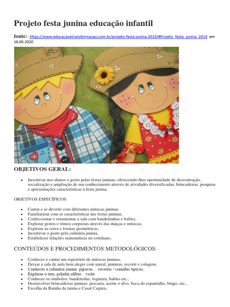 Projeto Festa Junina na Educação Infantil | PDF | Pré-escola | Pedagogia