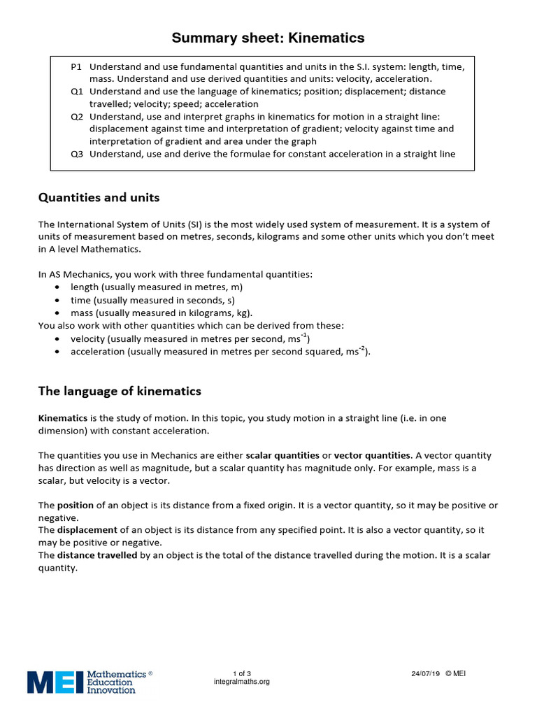 1 Kinematics Pdf Velocity Kinematics