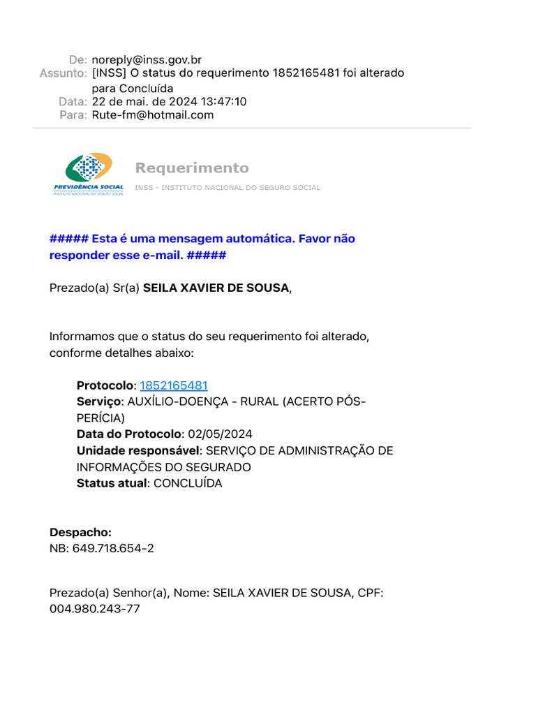 Status do Requerimento INSS: Cancelado | PDF
