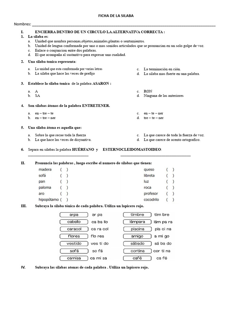 Ficha de Silabeo y Estructura Silábica | PDF | Sílaba | Vocal
