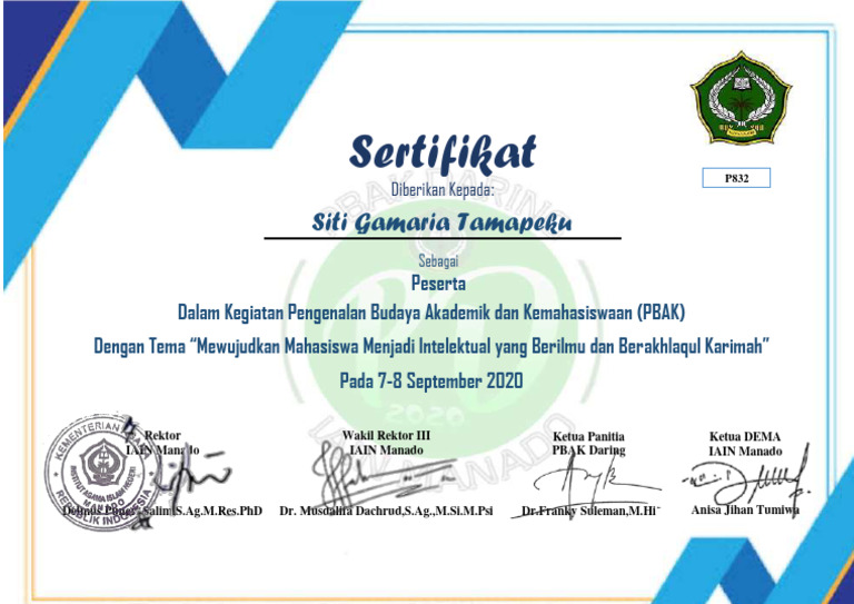 Sertifikat PBAK IAIN Manado 2020 | PDF