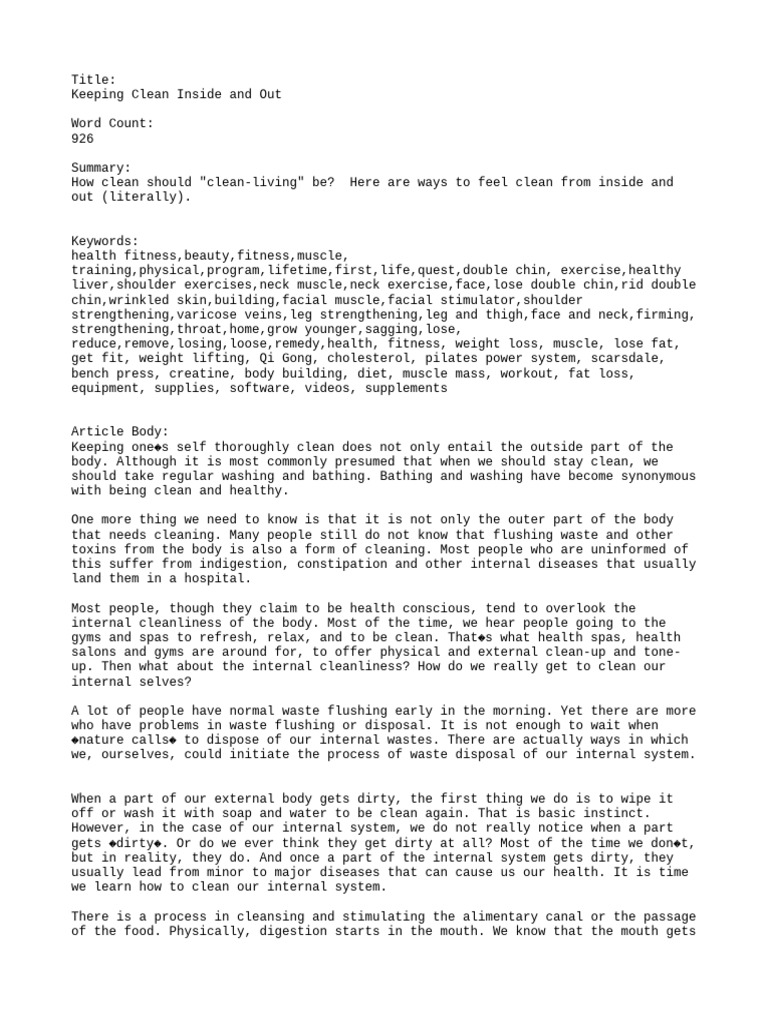 Keeping Clean Inside and Out | PDF | Physical Fitness