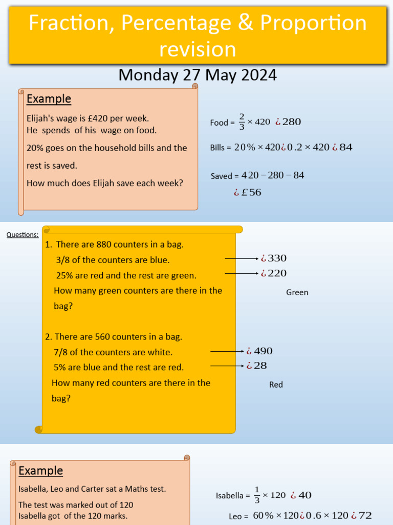 Fraction, Percentage & Proportion Practice | PDF | Numbers | Division ...
