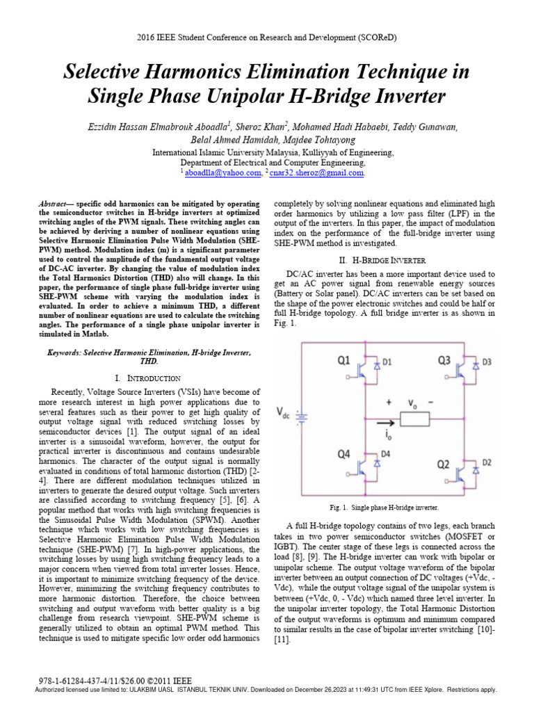 SHE-PWM for H-Bridge Inverter THD Reduction | PDF | Power Inverter ...