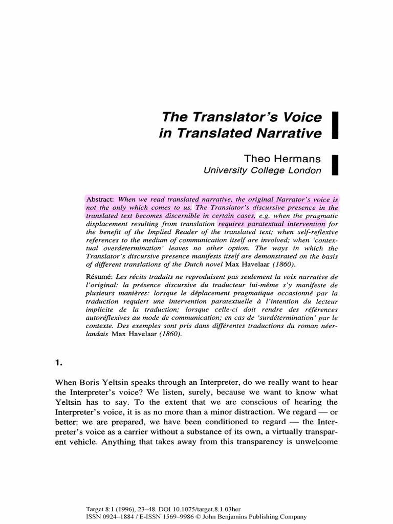 The translator s voice in translated narrative theo hermans grifado