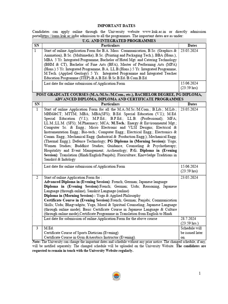 KUK Admission Dates 2024-25 | PDF | Diploma | Academic Degree