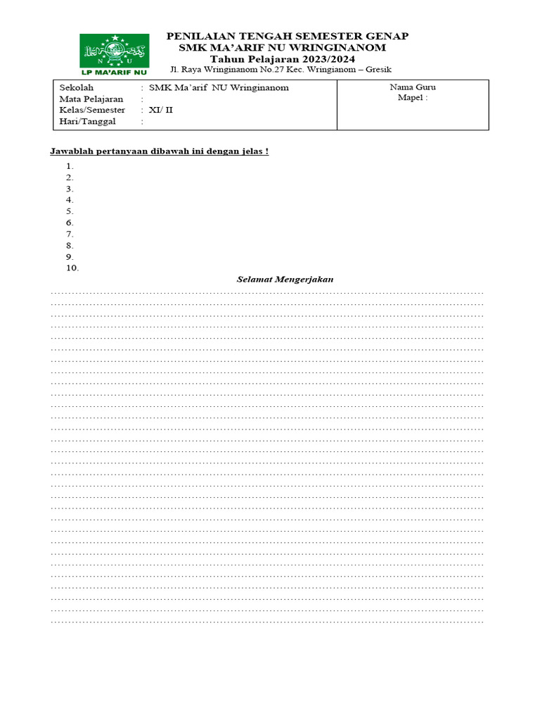 Format Soal Uraian STS PTS Pas | PDF
