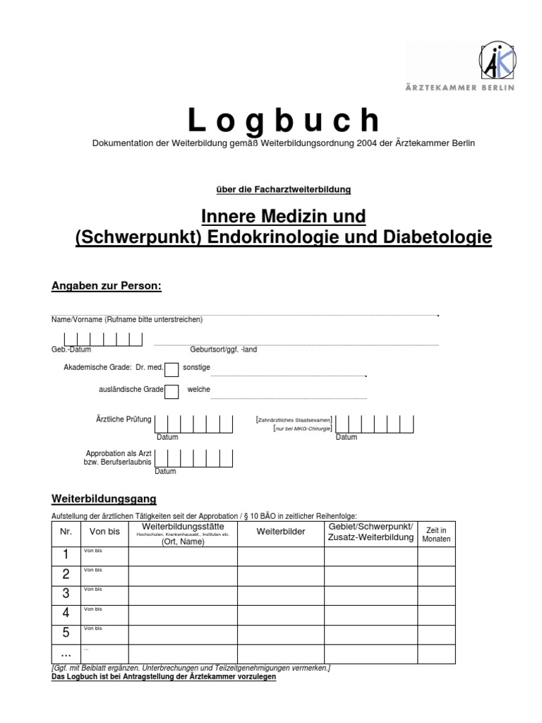Logbuch FA Innere Medizin Und SP Endokrinologie Und Diabetologie