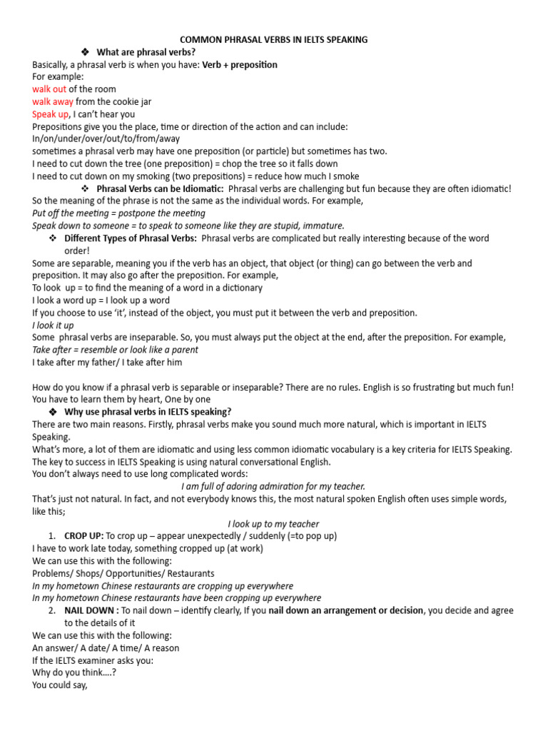 Essential Phrasal Verbs for IELTS Speaking | PDF | Preposition And ...