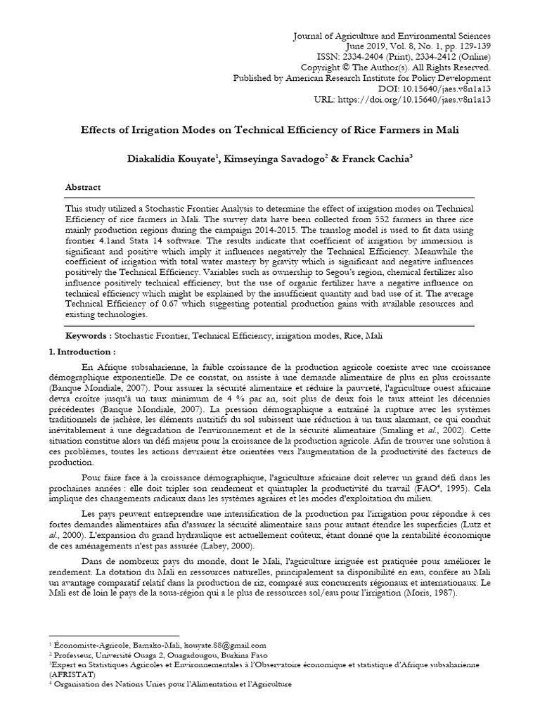 Effects of Irrigation Modes On Technical Efficiency of Rice Farmers in ...