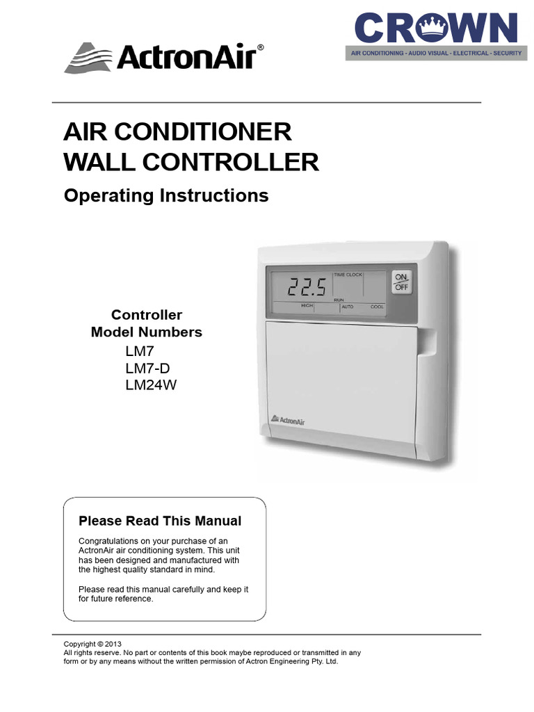 ActronAirModelsLM7,LM7DandLM24WAirConditionerWallControllerOperatingInstructions