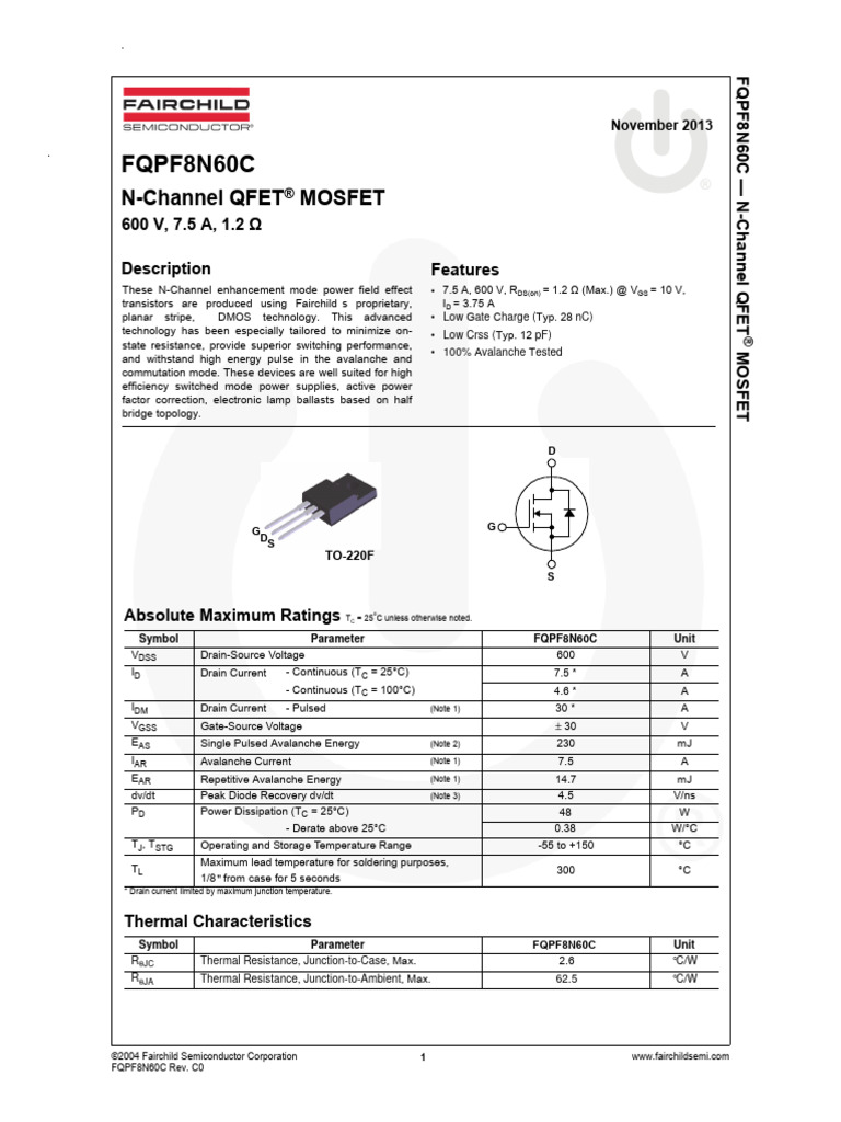 FQPF8N60C-tv Mosfet Original | PDF | Field Effect Transistor | Mosfet