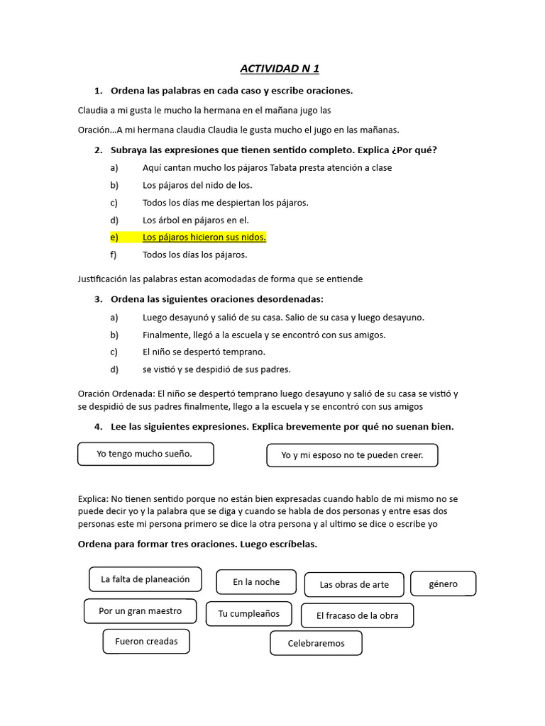 Actividades para Ordenar Oraciones | PDF | Artes del Lenguaje y ...