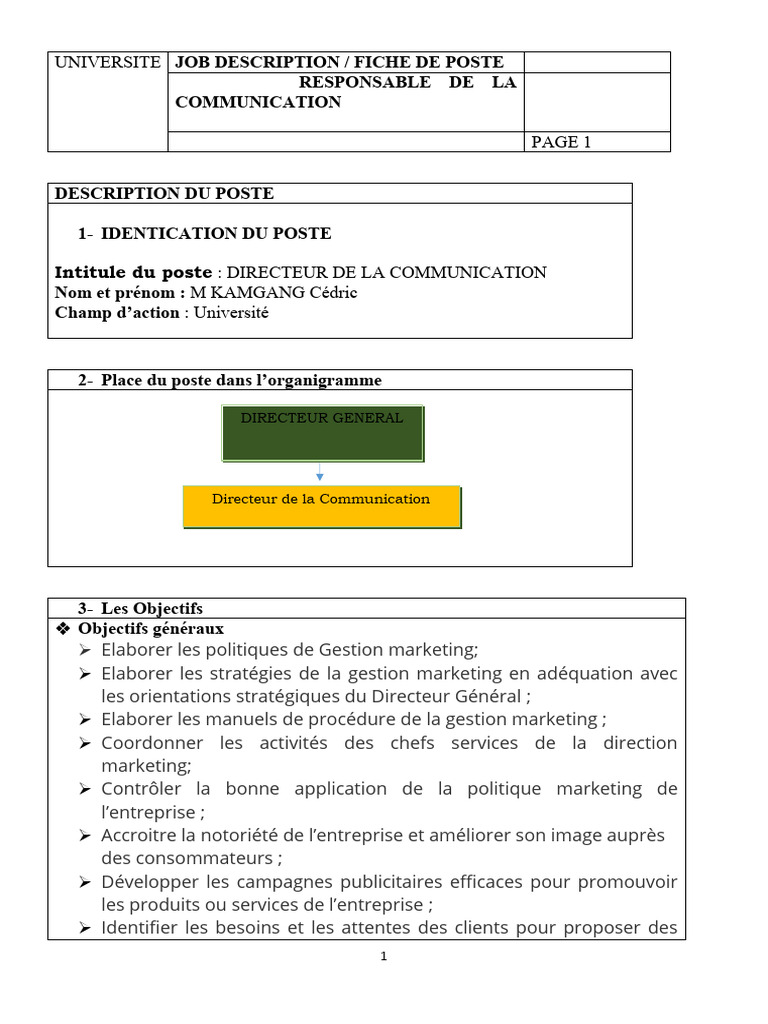 Fiche de poste : Directeur de la Communication | PDF ...