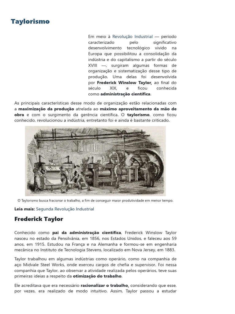 Taylorismo - Características, Princípios, Exemplos - Mundo Educação ...