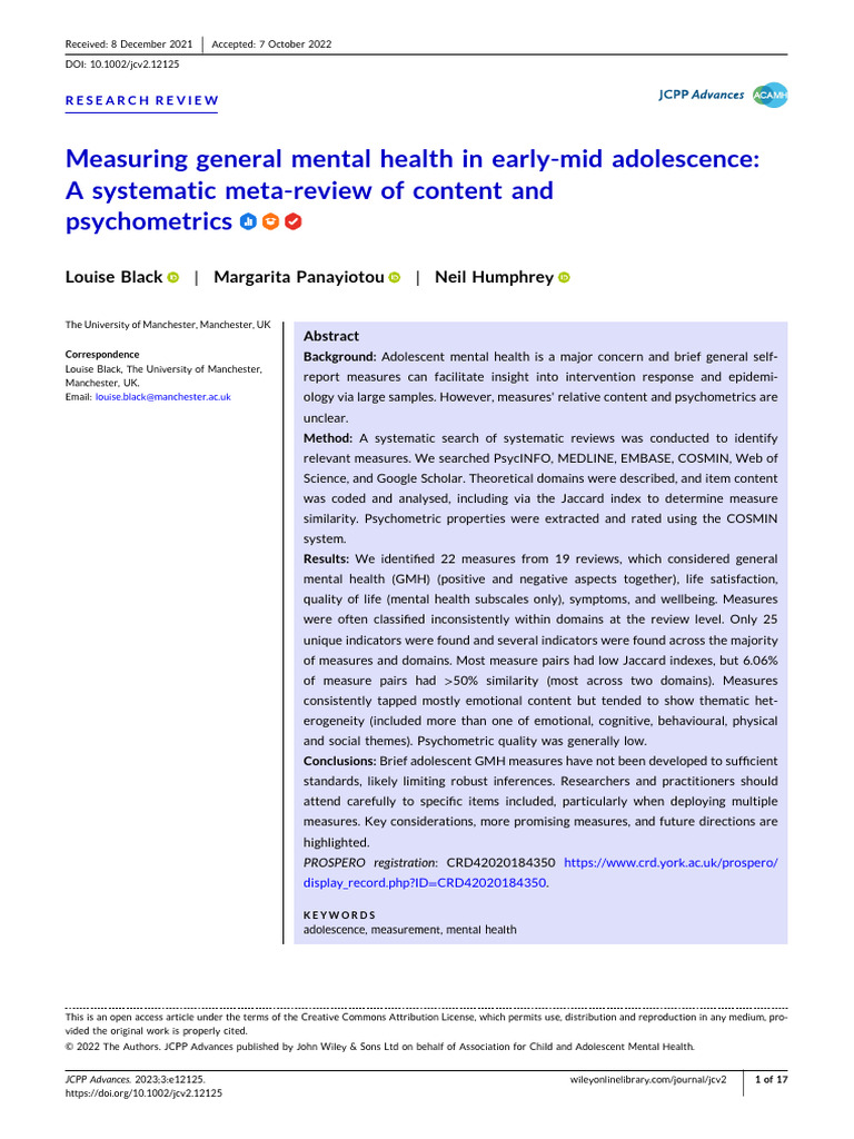 Adolescent Mental Health Measures Review | PDF | Psychometrics ...