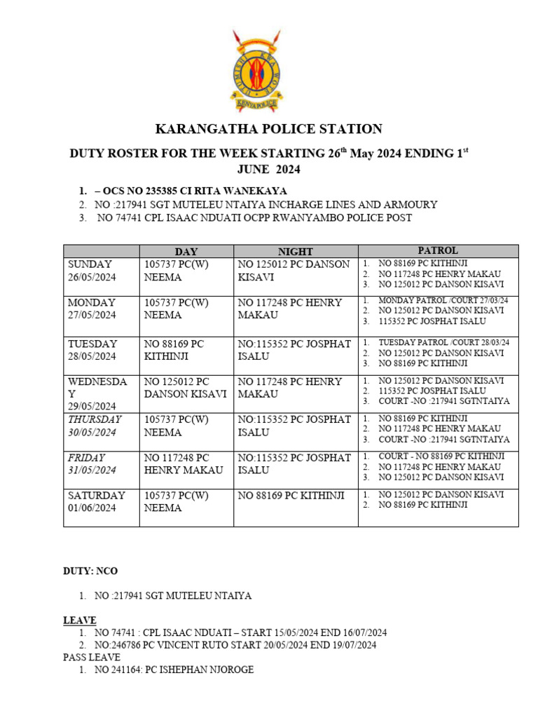 Karangatha Police Statio4 Rooster | PDF