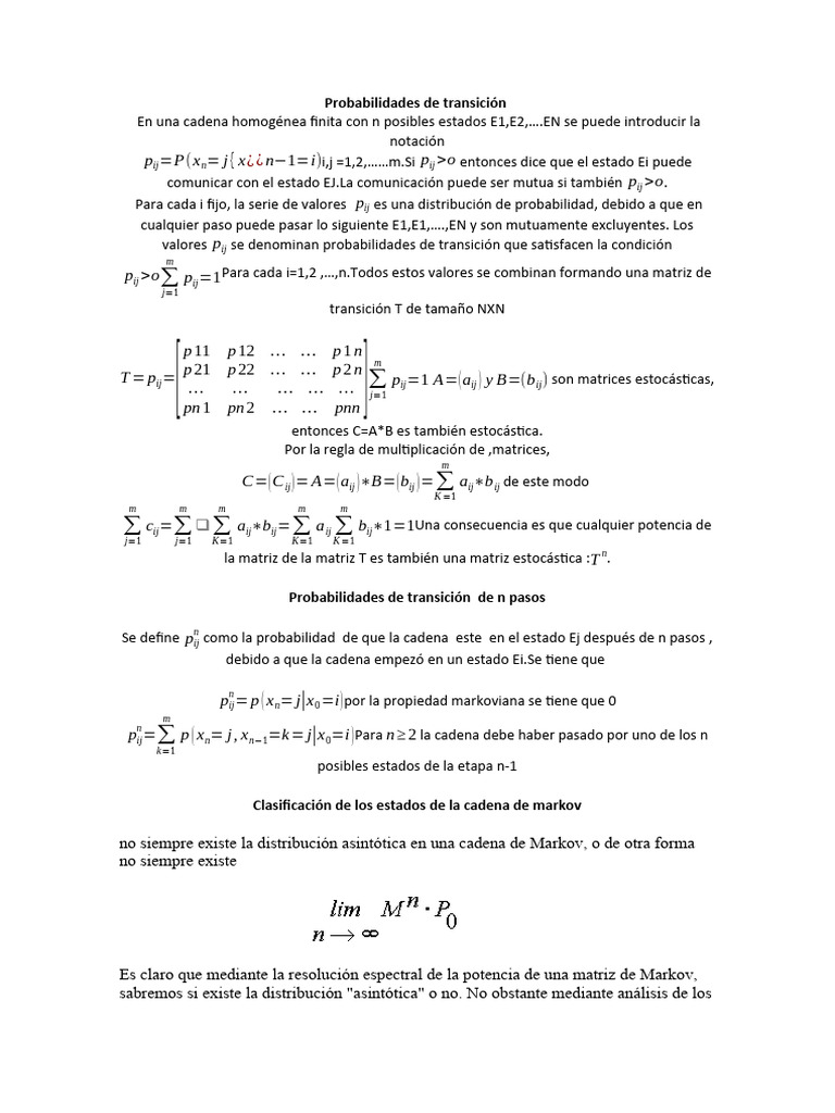 Probabilidades de Transición | PDF | Cadena Markov | Matriz (Matemáticas)
