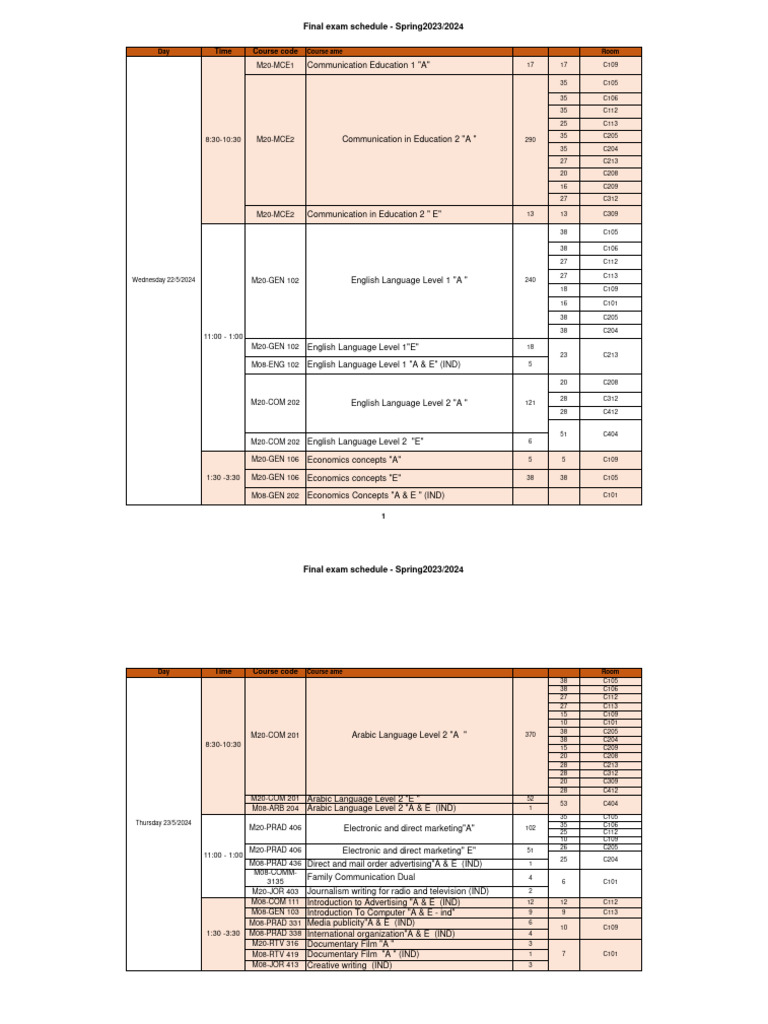 Final exams schedule spring 20232024.xlsx Rooms Download Free PDF