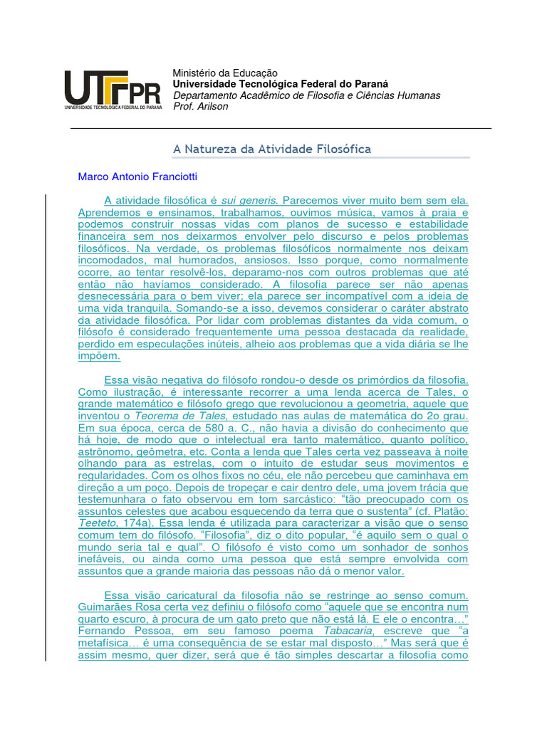 A Natureza Da Atividade Filosófica | PDF | Liberdade | Conhecimento