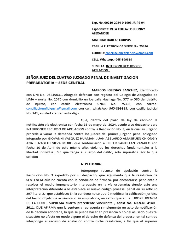 Recurso de Apelación en Habeas Corpus | PDF | Habeas corpus | Sentencia ...