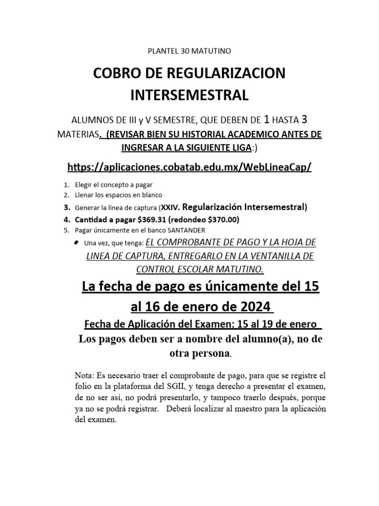 Cobro Regularización Intersemestre 2024 | PDF