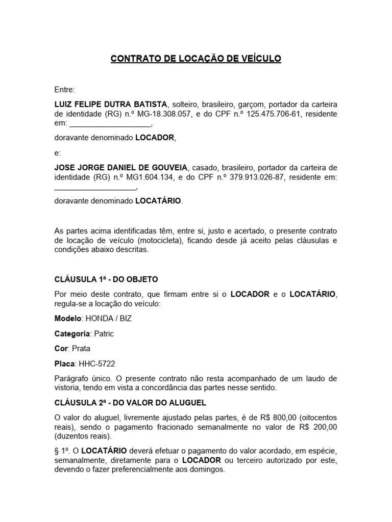 Contrato de Locação de Veículo | PDF | Indenização | Aluguel