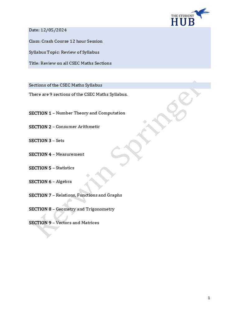 CSEC Maths - Crash Course 12 Hour Session | PDF | Numbers | Rational Number