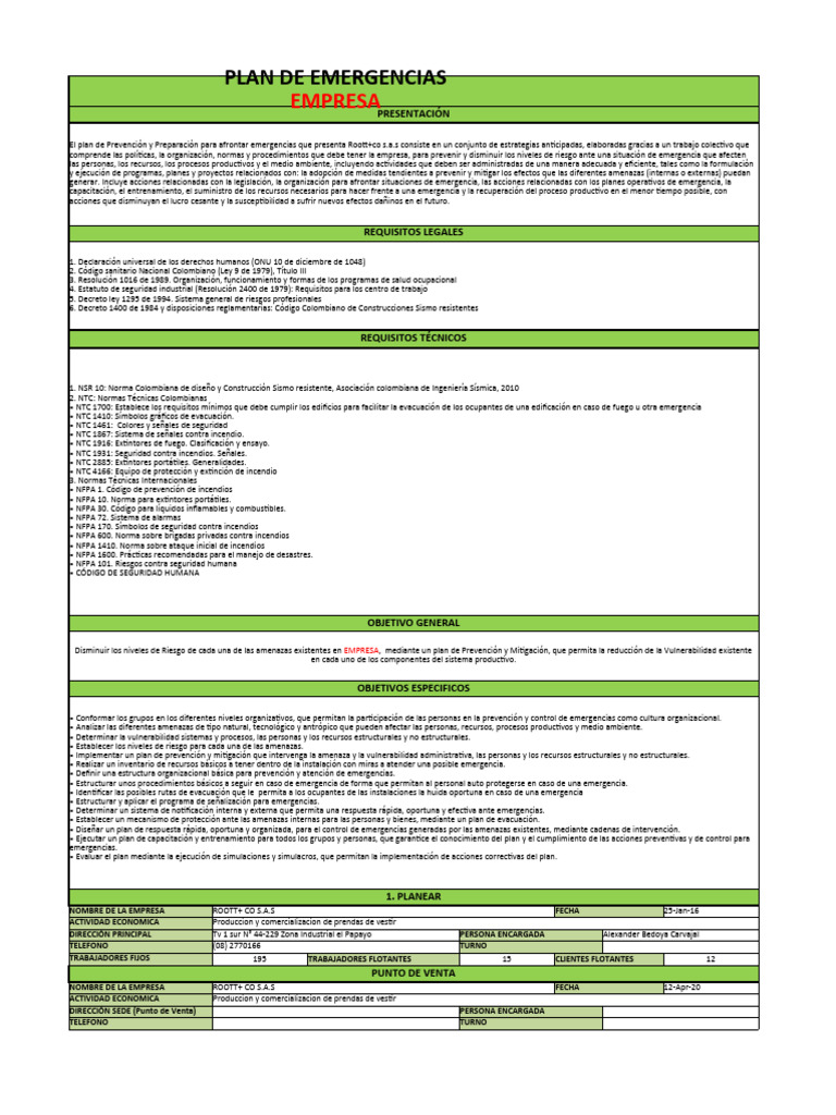 Plan de Emergencias para Roott+ Co S.A.S. | PDF | Riesgo | Valores