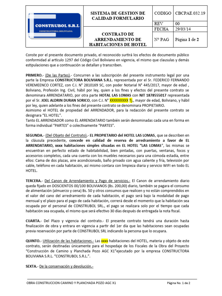 Contrato de Alquiler de Hotel Las Lomas Camino Planchada Pozo AGC X1 ...